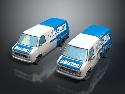 Two Blue And White HALCON Vans With Cracked Windshields On Reflective Surface 3d model