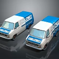 Two Blue And White HALCON Vans With Cracked Windshields On Reflective Surface 3d model