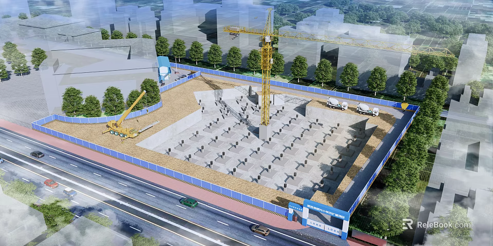 Construction Site With Foundation Construction Tower Crane And Blue Fencing In Urban Surroundings 3d model 