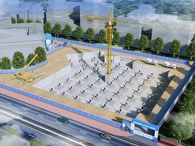 Construction Site With Foundation Construction Tower Crane And Blue Fencing In Urban Surroundings 3d model