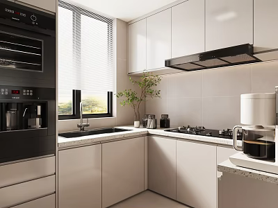 Modern Kitchen Interior With White Cabinets Countertop Coffee Maker And Potted Plant 3d model