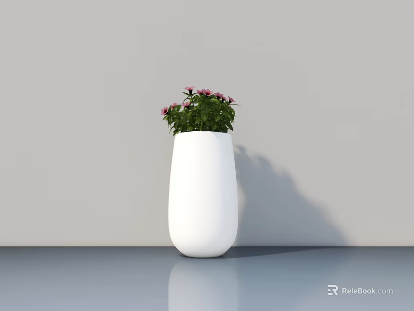 Bonsai Potted Plant in White Vase with Pink Flowers and Green Foliage on Smooth Surface 3d model 