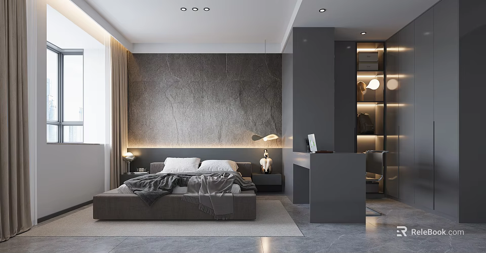 Modern Gray Bedroom With Accent Wall Nightstand Table Lamp And Desk Area 3d model 