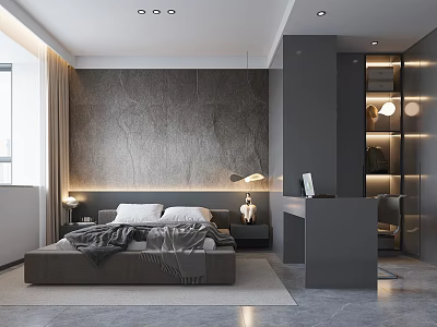 Modern Gray Bedroom With Accent Wall Nightstand Table Lamp And Desk Area 3d model