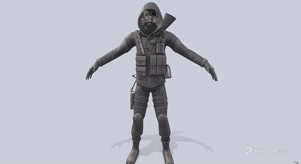 Military Style Character With Gas Mask And Tactical Vest Against Biological Creature Threat 3d model 