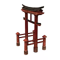 Traditional Japanese Red Wooden Torii Gate Structure With Roof And Pillars
