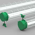 Three Linear Industrial Chandeliers With Green Bases And White Light Tubes For Lighting