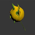 Yellow Lemon Shaped Creature With Green Leaf Ears And Wings Smiling Face Sharp Teeth Floating