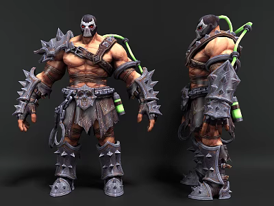 Muscular Game Movie Character With Spiked Armor Mask And Green Tubes 3d model
