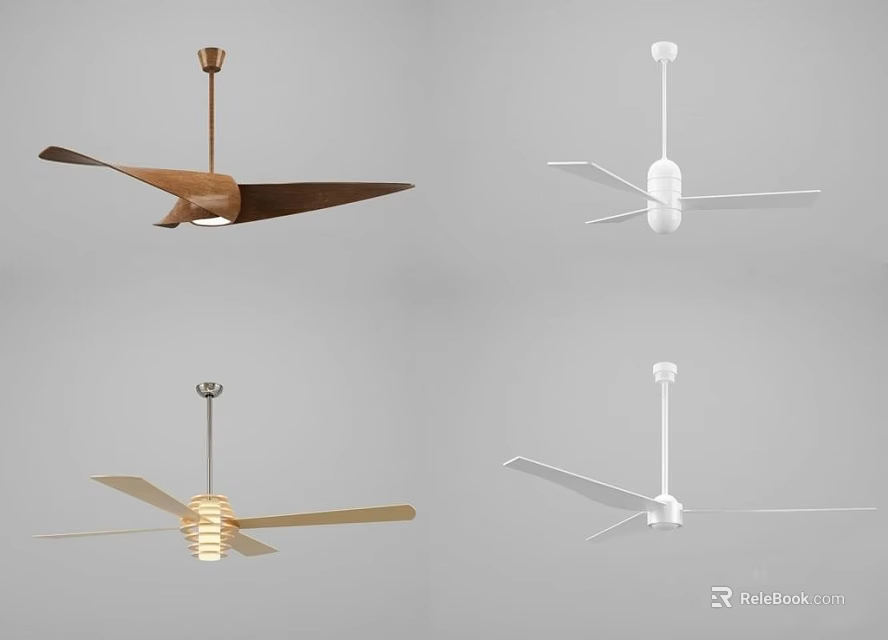 Modern Style Ceiling Fan Designs With Wooden White Finishes And Light Fixtures 3d model 
