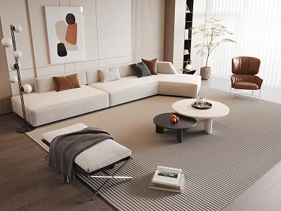 Stylish Beige L Sofa Coffee Table Set With Decorative Pillows Striped Rug And Accent Chair 3d model