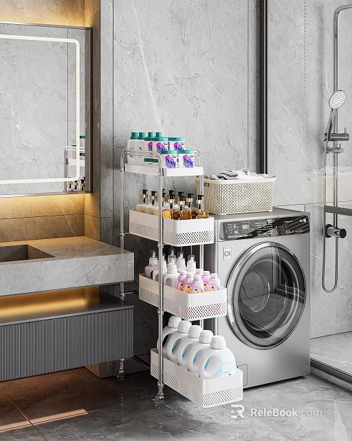 Modern Bathroom Shelving Unit With Multi-Tier Design Holding Toiletries And Basket Next To Washing Machine 3d model 