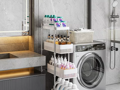 Modern Bathroom Shelving Unit With Multi-Tier Design Holding Toiletries And Basket Next To Washing Machine 3d model