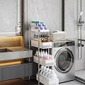 Modern Bathroom Shelving Unit With Multi-Tier Design Holding Toiletries And Basket Next To Washing Machine