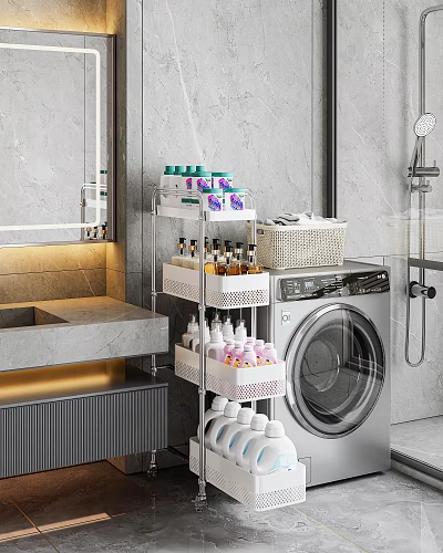 Modern Bathroom Shelving Unit With Multi-Tier Design Holding Toiletries And Basket Next To Washing Machine 3d model