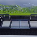 Residential Building Roof With Skylights Green Mountains Blue Sky And Green Grass