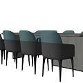 Modern Dining Table Set With Long Wooden Table And Blue Backrest Dark Leg Chairs