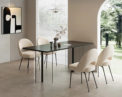 Modern Minimalist Dining Table Set With Black Table And White Chairs In Bright Room 3d model