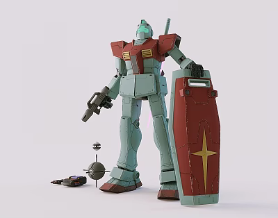 Detailed Green And Red Mecha Robot Model With Shield Weapon And Accessories 3d model