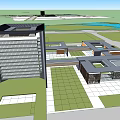 Modern Office Building Complex With Glass Curtain Walls Green Lawn And People Relaxing