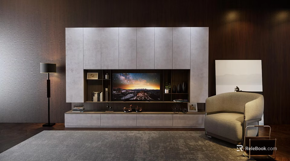 Modern Gray TV Cabinet With Storage And Beige Sofa In Living Room 3d model 