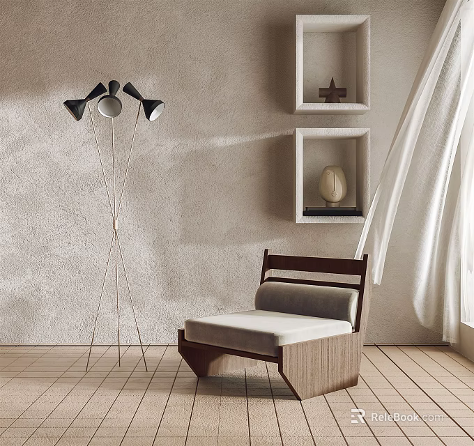Single Chair With Wooden Frame Gray Cushion Floor Lamp Wall Shelves And Light Wooden Floor 3d model 