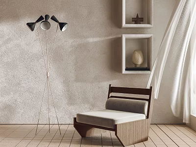 Single Chair With Wooden Frame Gray Cushion Floor Lamp Wall Shelves And Light Wooden Floor 3d model