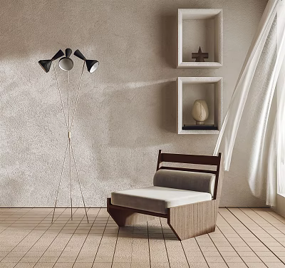 Single Chair With Wooden Frame Gray Cushion Floor Lamp Wall Shelves And Light Wooden Floor 3d model