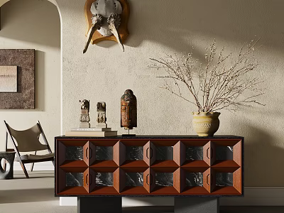 Wooden Console Table With Glass Door Grid Design And Decorative Sculptures Vase Dried Branches 3d model