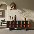 Wooden Console Table With Glass Door Grid Design And Decorative Sculptures Vase Dried Branches