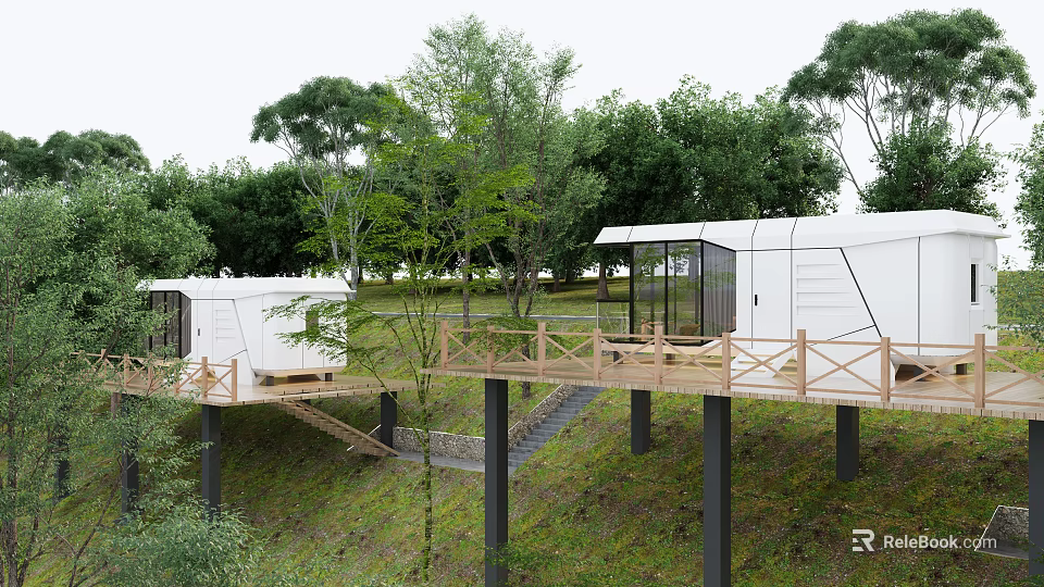 Modern Guesthouse Building With Elevated Wooden Terrace And Lush Green Trees Surrounding 3d model 