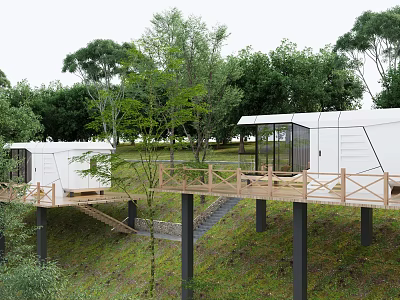 Modern Guesthouse Building With Elevated Wooden Terrace And Lush Green Trees Surrounding 3d model