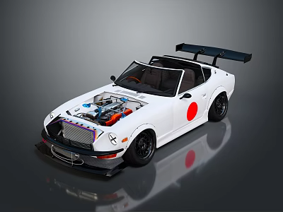 White Modified Sports Car With Open Hood Exposed Engine Red Logo And Rear Spoiler 3d model