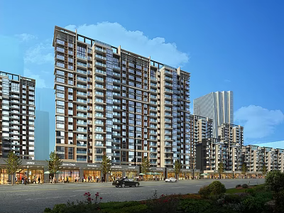 Modern High Rise Residential Buildings With Street Shops And Blue Sky View 3d model