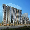 Modern High Rise Residential Buildings With Street Shops And Blue Sky View
