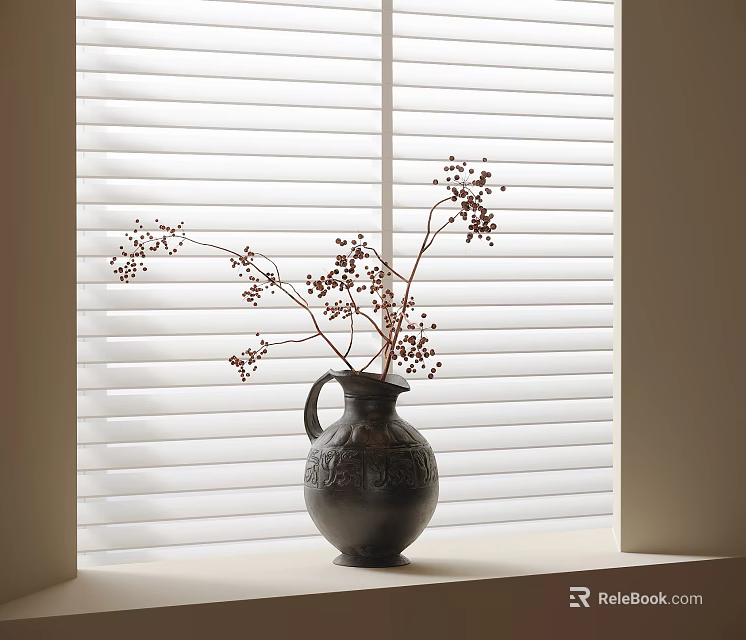 Dark Textured Vase With Dried Branches On Windowsill By White Blinds 3d model