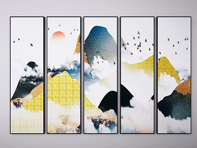 Five Panel Wall Art Featuring Mountains Sun Flying Birds Clouds With Golden Blue Abstract Design 3d model