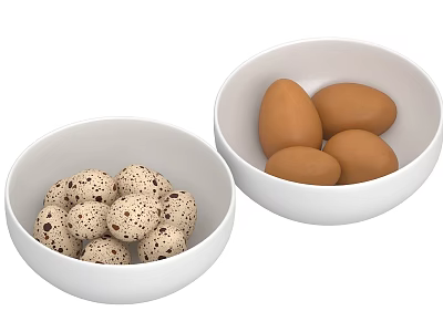 Fresh Spotted Quail Eggs And Brown Eggs In Two White Bowls 3d model