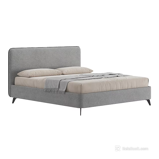 Modern Double Bed With Gray Headboard Beige Mattress Pillows And Throw Blanket 3d model