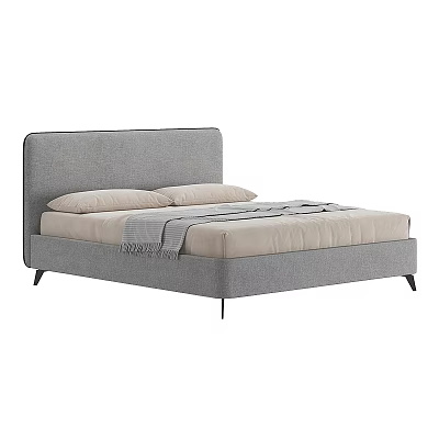 Modern Double Bed With Gray Headboard Beige Mattress Pillows And Throw Blanket 3d model
