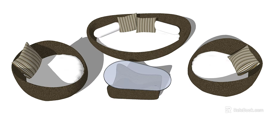 Outdoor Sofa With Round Frame Striped Cushions And Light Seat Modules 3d model 