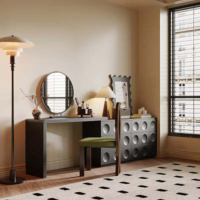 Elegant Dressing Table Interior With Round Mirror Green Stool Table Lamp And Circular Cutout 3d model