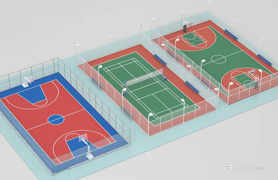 Fenced Outdoor Multi Sports Courts With Basketball Tennis Lighting And Fitness 3d model 