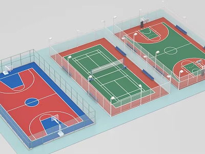 Fenced Outdoor Multi Sports Courts With Basketball Tennis Lighting And Fitness 3d model