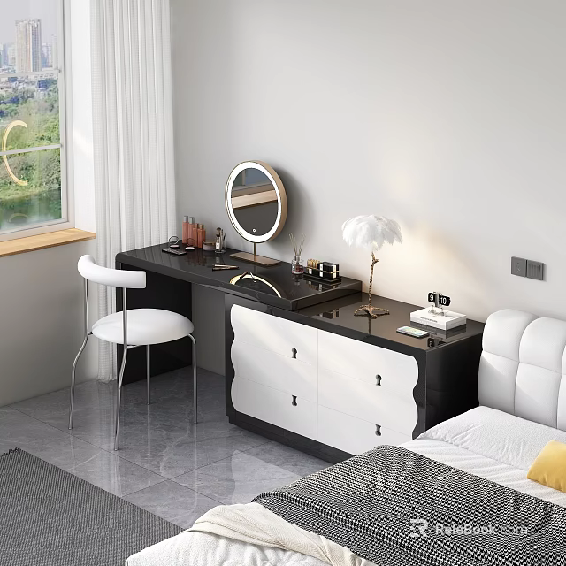 Modern Dressing Table With Round Mirror White Chair Table Lamp And Cosmetics In Bedroom 3d model 