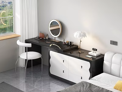 Modern Dressing Table With Round Mirror White Chair Table Lamp And Cosmetics In Bedroom 3d model