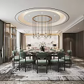 Elegant Private Dining Room Interior With Round Table Green Chairs And Chandelier 3d model