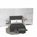 Modern Double Bed With Tufted Headboard White Pillows Blue Bedding Nightstand Table Lamp And Flowers