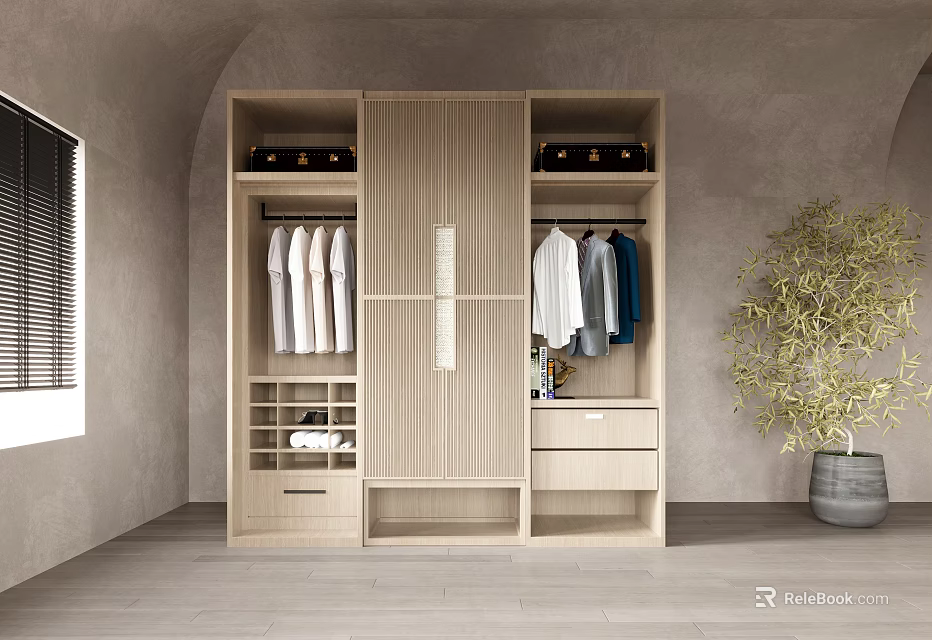 Modern Wooden Wardrobe Interior Design With Sliding Doors Hanging Areas And Drawers 3d model 