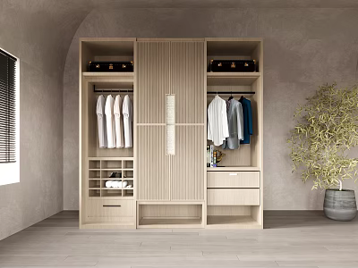 Modern Wooden Wardrobe Interior Design With Sliding Doors Hanging Areas And Drawers 3d model